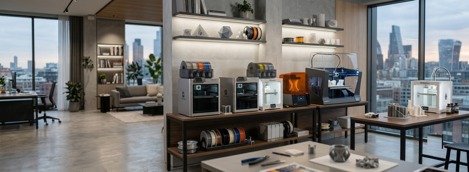 Estudio de impresión 3D de BULK con impresoras Bambu Lab y vista a la ciudad